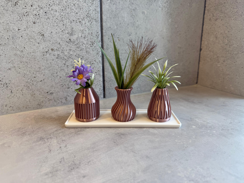 Set van 3 mini-vaasjes in roségoud – inclusief keramiek-look displayplateau